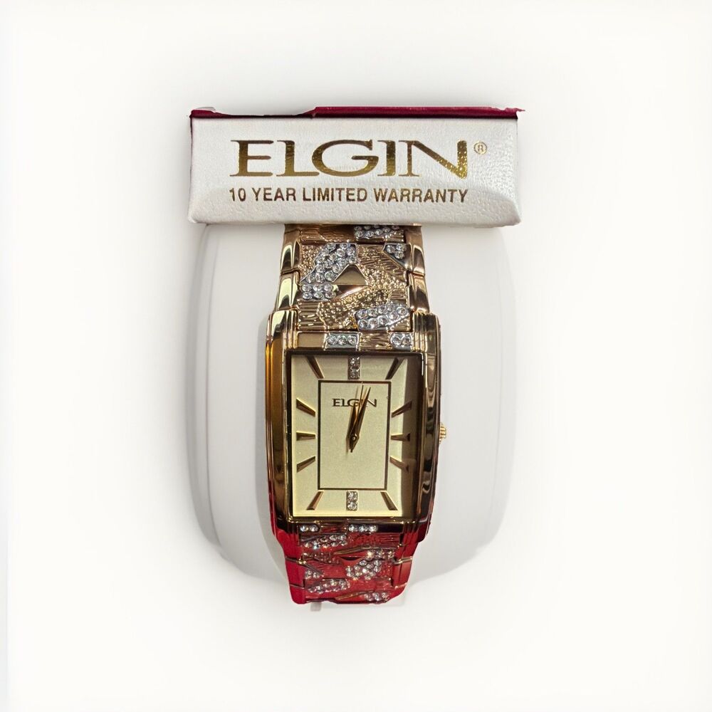 Elgin Adult Men's Tank Case Watch with Crystal and Brushed Bark Bracelet NEW